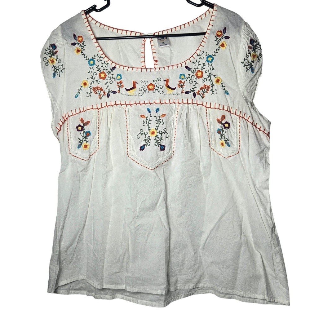 Bila Womens Bird Floral Embroidered Peasant Top XL Boho Cottage Folk Hippie